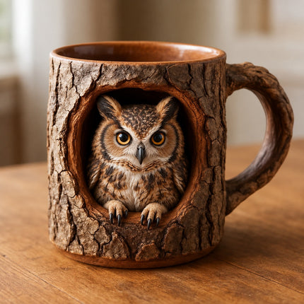 Woodland Raccoon Tree Hollow Mug – Rustic 3D Animal Coffee Cup