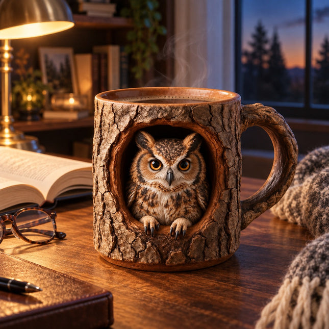 Woodland Raccoon Tree Hollow Mug – Rustic 3D Animal Coffee Cup