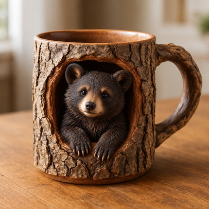 Woodland Raccoon Tree Hollow Mug – Rustic 3D Animal Coffee Cup