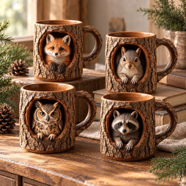 Woodland Raccoon Tree Hollow Mug – Rustic 3D Animal Coffee Cup