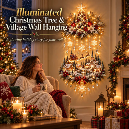 🎄 Illuminated Christmas Tree & Village Wall Hanging | Cascading Warm Lights for Living Rooms, Entryways & Staircases ✨